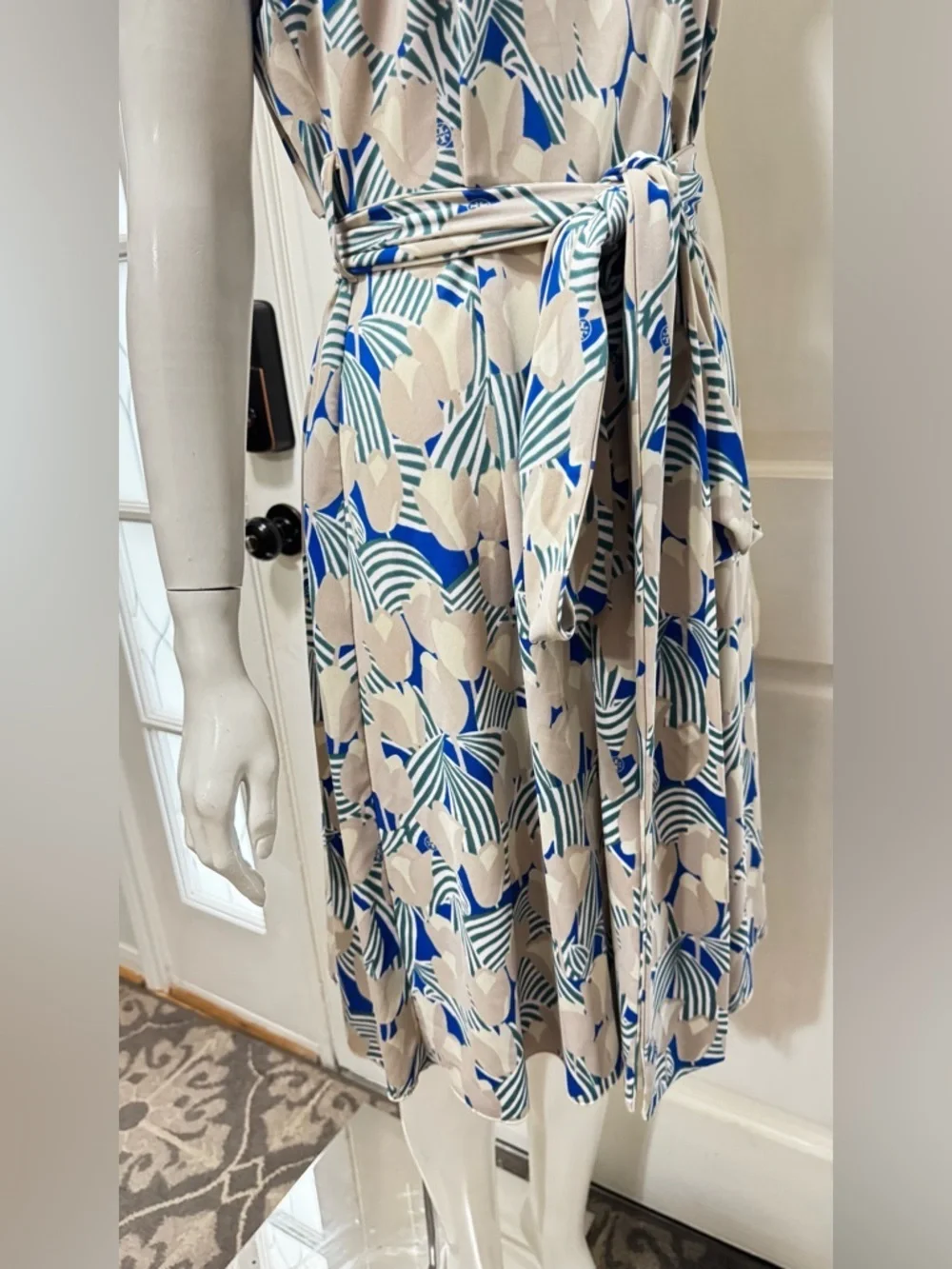 Tory Burch Blue & Beige Tulip Floral Maxi Dress with Self-Tie Waist Size Large